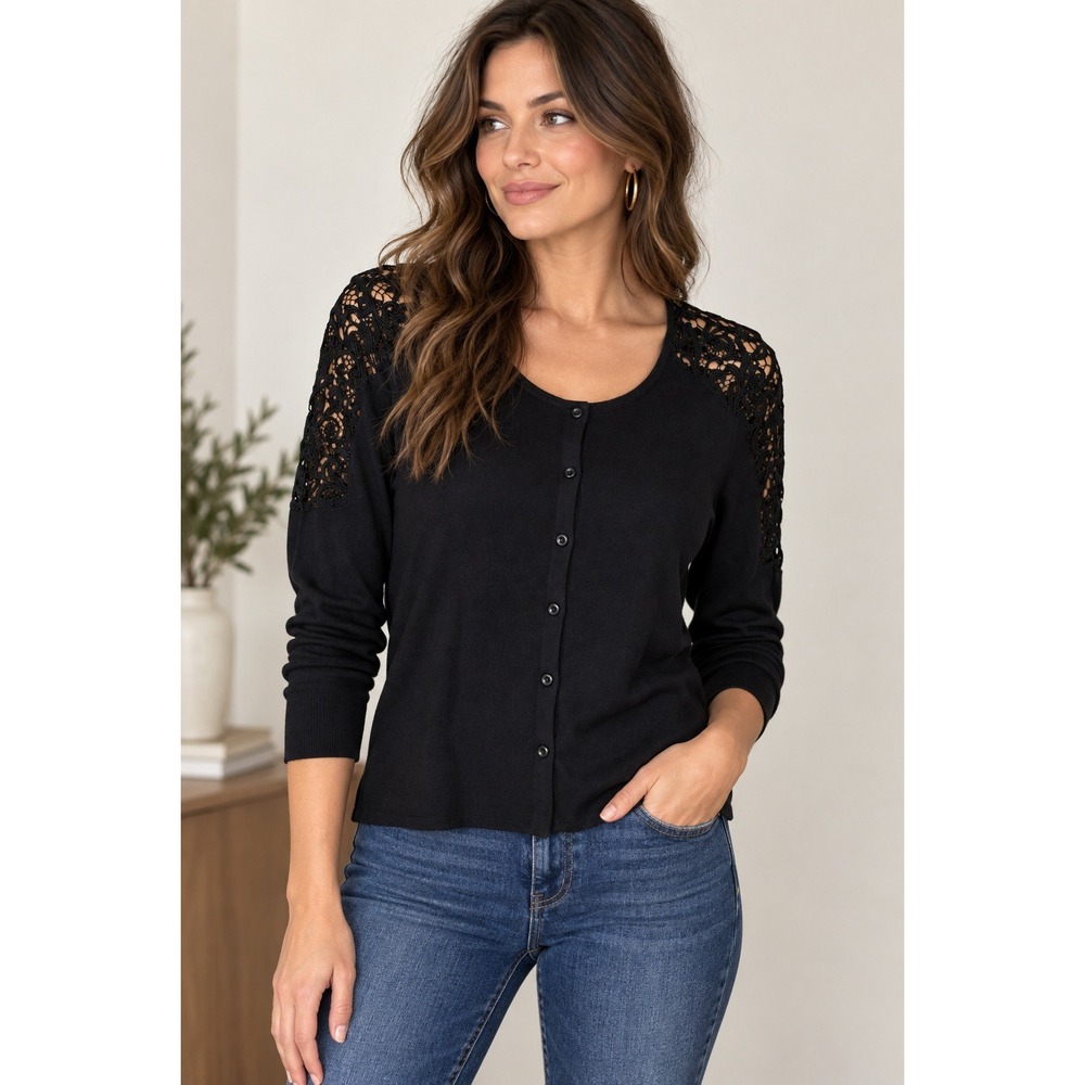 Charter Club Black Lace Cardigan PM Petite Romantic Gothic Button Front Knit